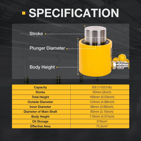 Heavy Duty 50 Ton Hydraulic Cylinder Jack Ram With A 2 Inch Stroke For Lifting Heavy Equipment And Vehicles RSC 501 specs
