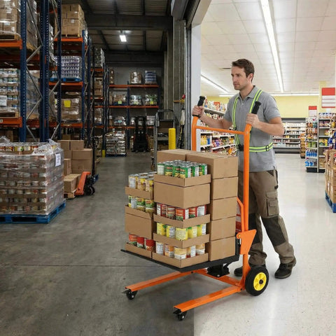 Worker using Workhorse Heavy Duty Hydraulic Material Lift With Steel Platform Board 450 lb capacity in warehouse