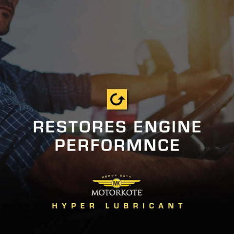 Driver steering car with Heavy Duty Hyper Lubricant Engine Treatment For All Oils And Engines text overlay.