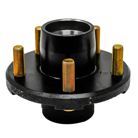 Front view of Heavy Duty Trailer Idler Hub Kit For 5 On 4.5 Inch Bolt Pattern 2000 Lb Axles With 1-1/16 Inch Spindle, black with gold studs.