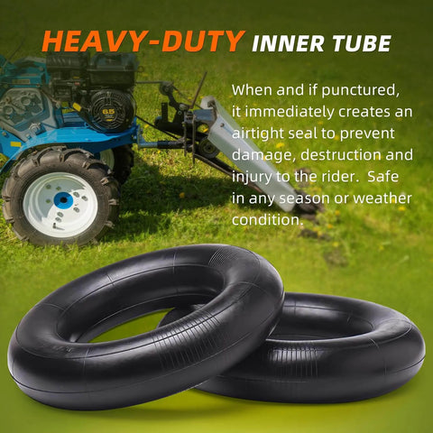 4.80/4.00-8 Heavy Duty Inner Tubes 2 Pack with TR-13 Straight Valve shown in black rubber for 8 inch rims with lawn mower