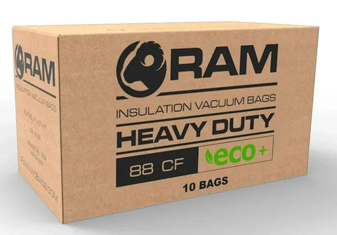 RAM insulation vacuum bags box, heavy duty ECO+ 88 CF, 10 bags visible on brown carton