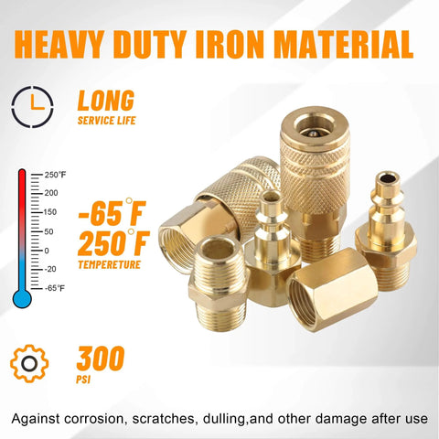 32 Piece Quick Connect Air Fittings And Coupler Kit, One Quarter Inch Body Size And Three Eighths Inch NPT Thread in brass material