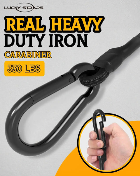 Close-up of iron carabiner from 8 Pack 12 Inch Heavy Duty Carabiner Bungee Cords With 190 Lbs Break Strength, shown with hand for scale
