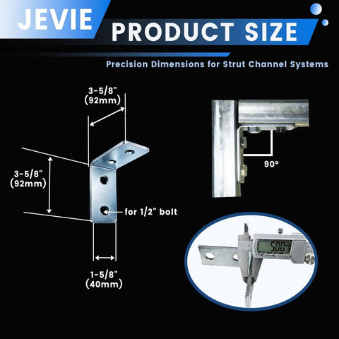 Heavy-duty L angle bracket for 1-5/8 inch strut channel delivers secure 90 degree connections with 3/16 inch thick galvanized steel, compatible with 1/2-13 bolts, ideal for durable, corrosion-resistant framing in a 10-pack shown in detailed dimensions highlighting sturdy design.