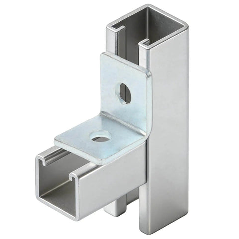 Heavy duty 90 degree L bracket for 1-5/8 inch strut channel with 3/16 inch thick steel, two 1/2 inch bolt holes installed on strut