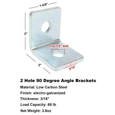 Heavy duty 90 degree L bracket for 1-5/8 inch strut channel with 3/16 inch thick steel and two 1/2 inch bolt holes