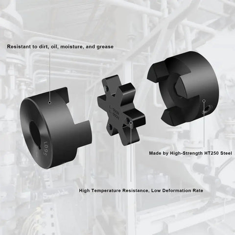 Heavy Duty L095 3 Piece L-Jaw Coupling Set with Buna N Rubber Spider for 1/2 to 1 Inch Shafts, showing HT250 steel components