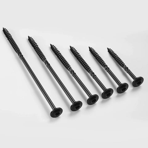 Lag Screws #14 x 3 Inch Heavy Duty Construction Wood Screws with Torx Drive Washer Head Black Epoxy Coating displayed in a row.