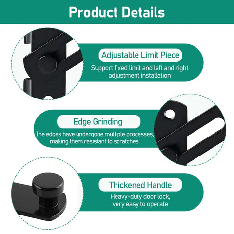 Product details of Beefy 4 Inch Heavy Duty Flip Latch, showing adjustable limit piece, edge grinding, and thickened handle in matte black.
