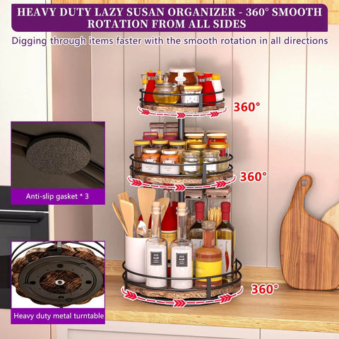 Heavy Duty 3 Tier Lazy Susan Organizer on kitchen countertop, featuring adjustable height rotating spice rack, stable 360 rotation, wooden boards