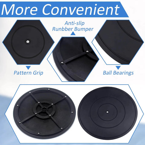16 Inch Heavy Duty Lazy Susan Rotating Swivel Stand features anti-slip rubber bumper, pattern grip, ball bearings for smooth rotation.