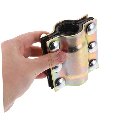 Person holding Heavy Duty Leak Repair Clamp Kit for PE PPR Steel and Iron Pipes Quick Install Emergency Leak Sealer, golden color