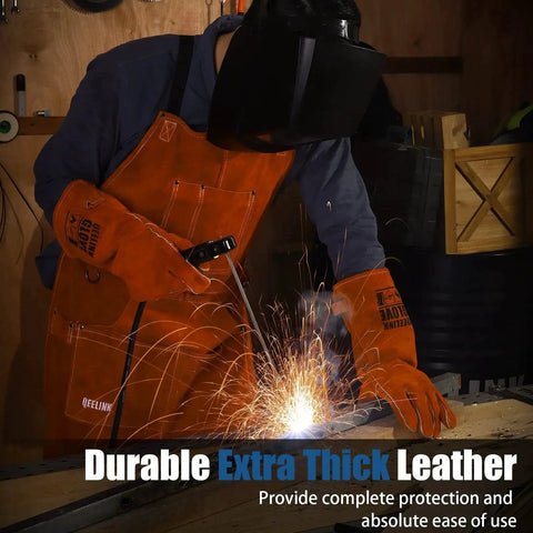 Person welding while wearing leather welding apron with 6 tool pockets, heat and flame resistant cowhide, heavy duty blacksmith protective apron, brown.