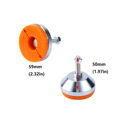 Rock Solid Heavy Duty Adjustable Leg Leveler Set 4 Pack M8 Thread 600 Lb Capacity, orange-silver tone, 59mm base, 50mm screw