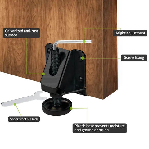 Heavy Duty Leg Leveler Kit for Furniture Tables and Cabinets with 2 Inch Adjustable Height 0 to 2 Inch Range Plastic Protective Base Cover Floor Safe installed on wooden furniture.