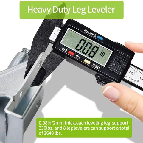 Close-up of Heavy Duty Leg Leveler Kit for Furniture Tables with caliper measuring 0.08 inch thickness, steel construction visible.