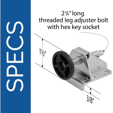 Close-up of Heavy Duty Adjustable Leveling Feet For Desks Tables Cabinets And Shelving Units, showing threaded bolt and L-bracket.