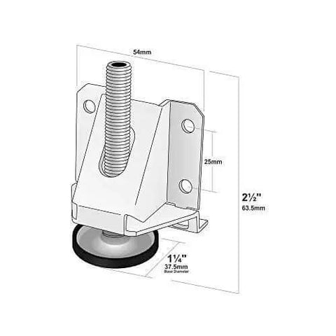Diagram of beefed up heavy duty adjustable furniture leg leveler with measurements 54mm width and 63.5mm height, 4-pack 8000 lbs capacity