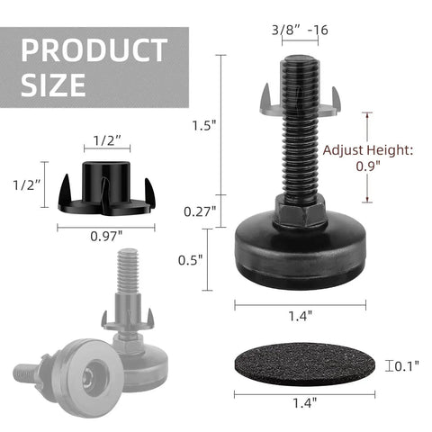 Product size diagram for Heavy Duty Leg Levelers Set Of 12 3/8-16 Thread Adjustable Feet for tables, chairs, and cabinets.