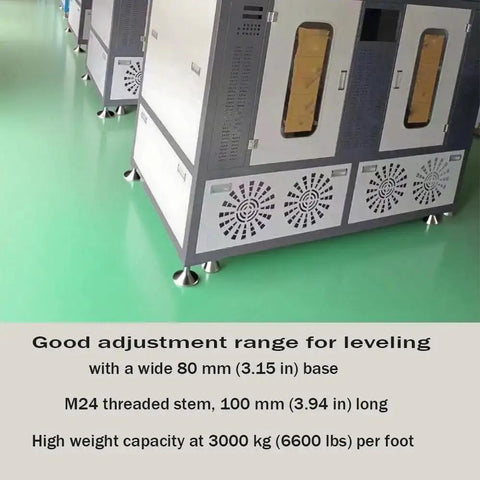 Machine on floor with Beefy Heavy Duty Leveler Leg Set With 3.15 Dia Base And M24 Thread 6600 Lb Capacity For Workbenches Machines And Cabinets Two Pack Silvery Finish Adjustable Feet With Anti Skid Grooves WUEIBUZUDAO showing leveling capacity and dimensions