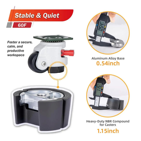 Heavy Duty Leveling Casters With 360 Degree Swivel And Upgraded Handle, Height Adjustable For Work Benches Machines Equipment And Shelves, Total Capacity 2200 Lbs Per Set, 4 Pack Bundle, aluminum alloy and NBR measurements shown