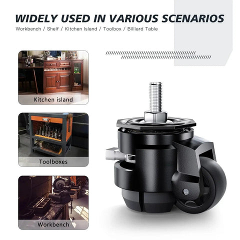 Leveling Casters Set Of 4 For Workbenches, Heavy Duty Stem Caster Wheels With T Nuts shown in various use scenarios.