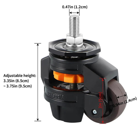 Close-up of a Heavy Duty Stem Leveling Caster with aluminum steel frame and rubber wheel, showing adjustable height and dimensions.