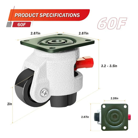 Heavy Duty Leveling Casters With 360 Degree Swivel And Upgraded Handle, Height Adjustable, product dimensions shown