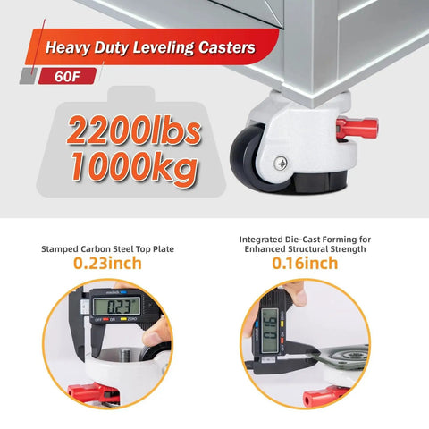 Heavy Duty Leveling Casters With 360 Degree Swivel And Upgraded Handle, showing carbon steel top and die-cast forming details
