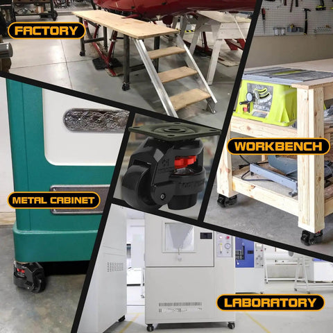 Heavy Duty 4 Piece Machine Leveling Casters With Nylon Wheels And Rubber Feet Retractable Workbench Caster Set High Load Capacity Up To 550 Lbs Per Caster Total 2200 Lbs For Mobile Equipment And Heavy Benches shown on various equipment including factory, workbench, and laboratory setups.