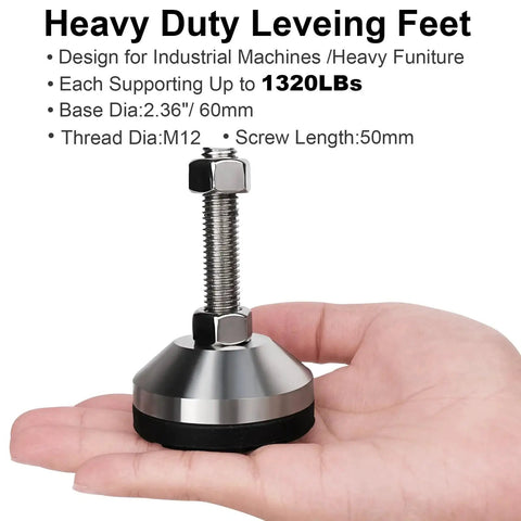 Hand holding beefy leveling feet for cabinets tables workbenches and machines with 2 36 inch base and M12 thread adjustable leg levelers