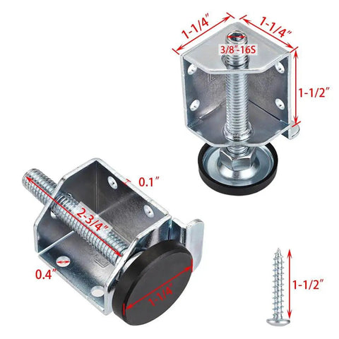 Heavy Duty Adjustable Leveling Feet With Corner Protector Edge Guard For Furniture Tables Cabinets And Workbenches Four Corner Levelers Two Left And Two Right Three Eighths Inch Thread Height From Zero To Two Point Seven Five Inches Base Diameter One with dimensions labeled.