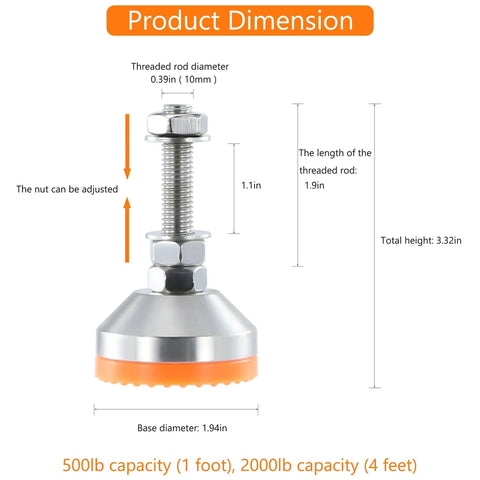 Diagram of Heavy Duty Adjustable Leveling Feet with 2000 lb Capacity, stainless steel base, anti-slip nylon pad, M10 thread, 1.94 inch diameter