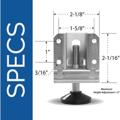 Heavy Duty Adjustable Leveling Feet For Desks Tables Cabinets And Shelving Units, Fulton 4 Pack Side Mount Levelers, shown with dimensions.