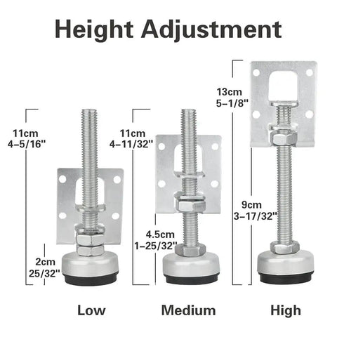 3 different height settings of 4 Pack Heavy Duty Adjustable Furniture Leveling Feet With Load Levelers For Tables Cabinets Benches And Appliances