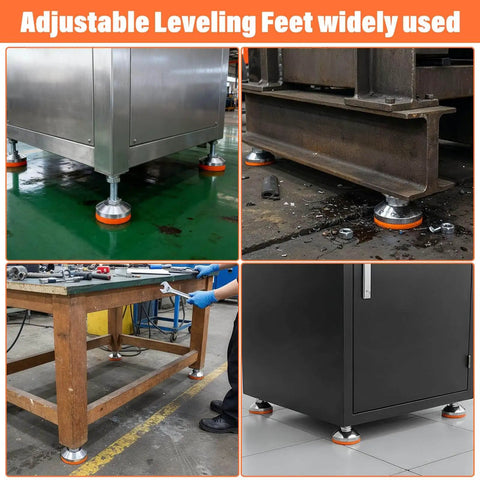 Heavy duty adjustable leveling feet with a 2.36 inch base, M12 thread and 50mm screw length installed on different machinery and cabinets
