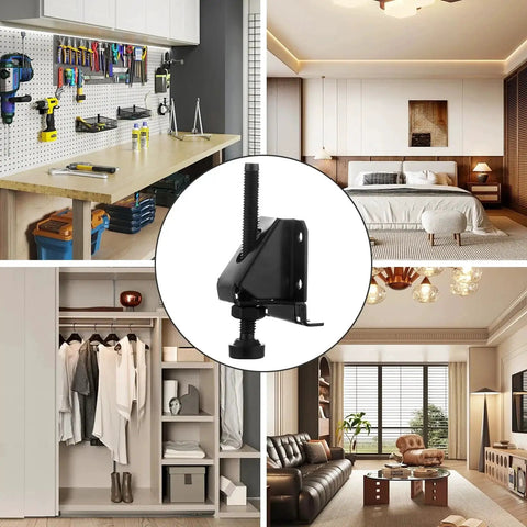 Beefy Heavy Duty 4 Pack Adjustable Leveling Feet for Tables and Cabinets with image of leveling foot and room applications