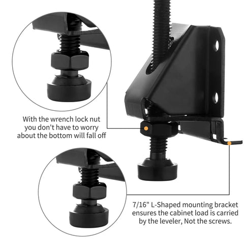 Close-up of Beefy Heavy Duty 4 Pack Adjustable Leveling Feet for Tables and Cabinets with L-shaped bracket and lock nut details.