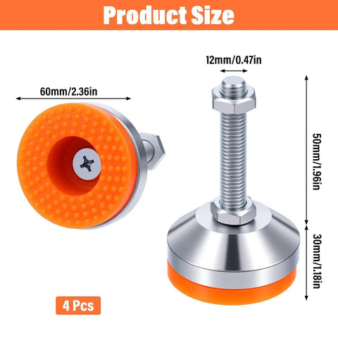 Heavy duty adjustable leveling feet with a 2.36 inch base, M12 thread and 50mm screw length in chrome plated carbon steel, 4 pack