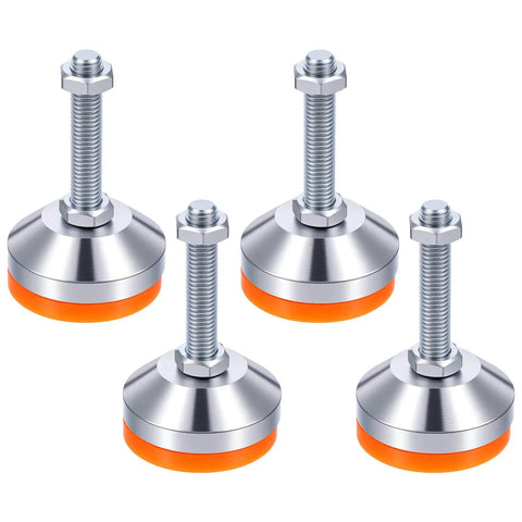 Heavy duty adjustable leveling feet with a 2.36 inch base, M12 thread and 50mm screw length, crafted from chrome plated carbon steel, featuring anti skid pads for stable support of workbenches, machines and cabinets up to 1300 lbs in a 4 pack.