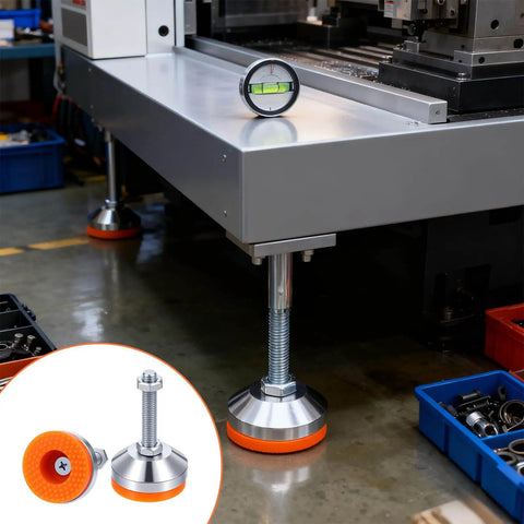 Heavy duty adjustable leveling feet with a 2.36 inch base, M12 thread and 50mm screw length, installed on a machine in a workshop.