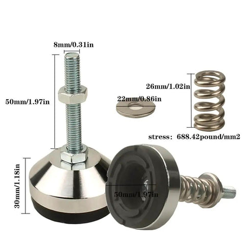 Heavy duty vibration isolator mounts with adjustable M8 leveling feet, 1.97 inch base, and 1300 lb capacity per leg displayed.