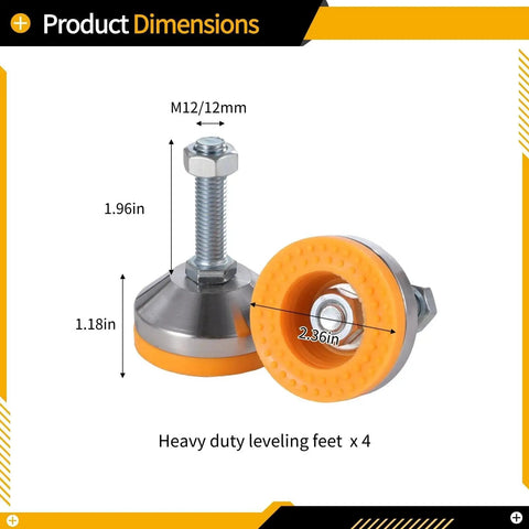 Heavy Duty Leveling Feet Set Built To Last Four Pack D60 X M12 X 50 2.36 Inch Base Diameter 1300 Lb Capacity shown with dimensions