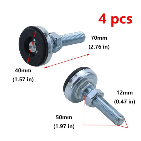 Rock Solid Heavy Duty Adjustable Leveling Feet Set Of 4 With M12 Thread, Carbon Steel Core And Rubber Cushioned Base, dimensions shown