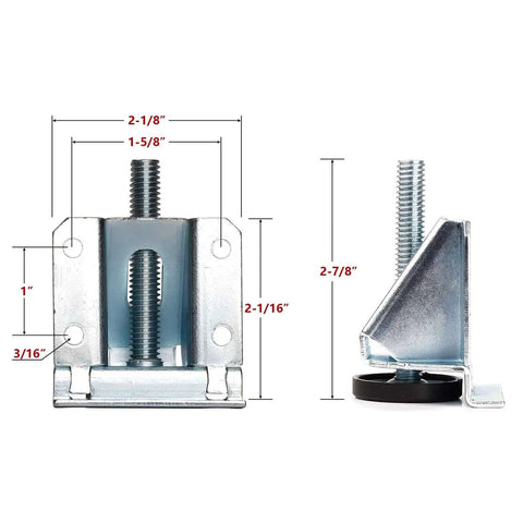 Heavy duty adjustable leveling feet for furniture and work surfaces with threaded shaft, lock nuts, and measurement details visible.