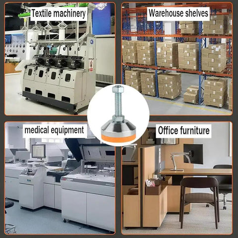 Beefy Heavy Duty Leveling Feet Set for workbench, machine, and cabinet use with 2.36 inch base, shown in various installation scenarios.