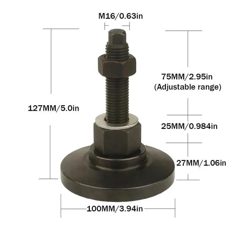 Beefy Heavy Duty Adjustable Leveling Feet For Workbenches Machines Cabinets M16 Thread Three Point Nine Four Inch Base 33000 Lb Capacity