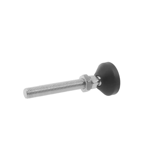 Side view of a heavy duty screw on leveling foot with M8 threads, anti skid rubber swivel base, nylon/metal base for stability.