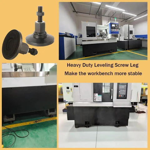 Heavy Duty Leveling Leg With Adjustable Feet For Workbench Machine And Cabinet, 4.72 Inch Base Diameter, M20 Thread, 66000 Lb Capacity, shown in workshop setting.